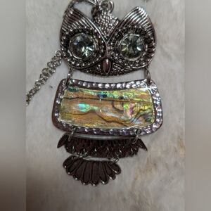 Cookie Lee Owl Pendant Necklace with Abalone Inlay & Prasiolite Crystal Eyes